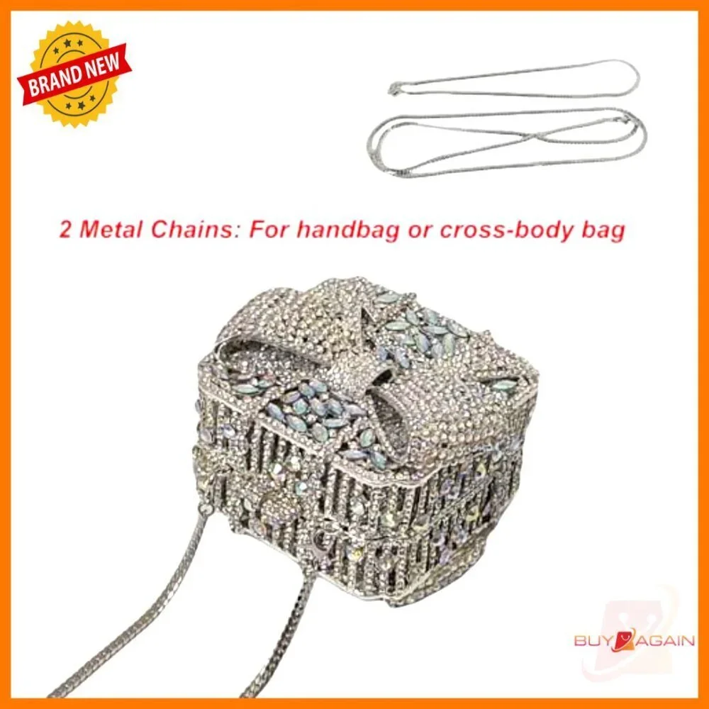 Mini Crystal Bowknot Evening Clutch with Detachable Chain, Faux Leather